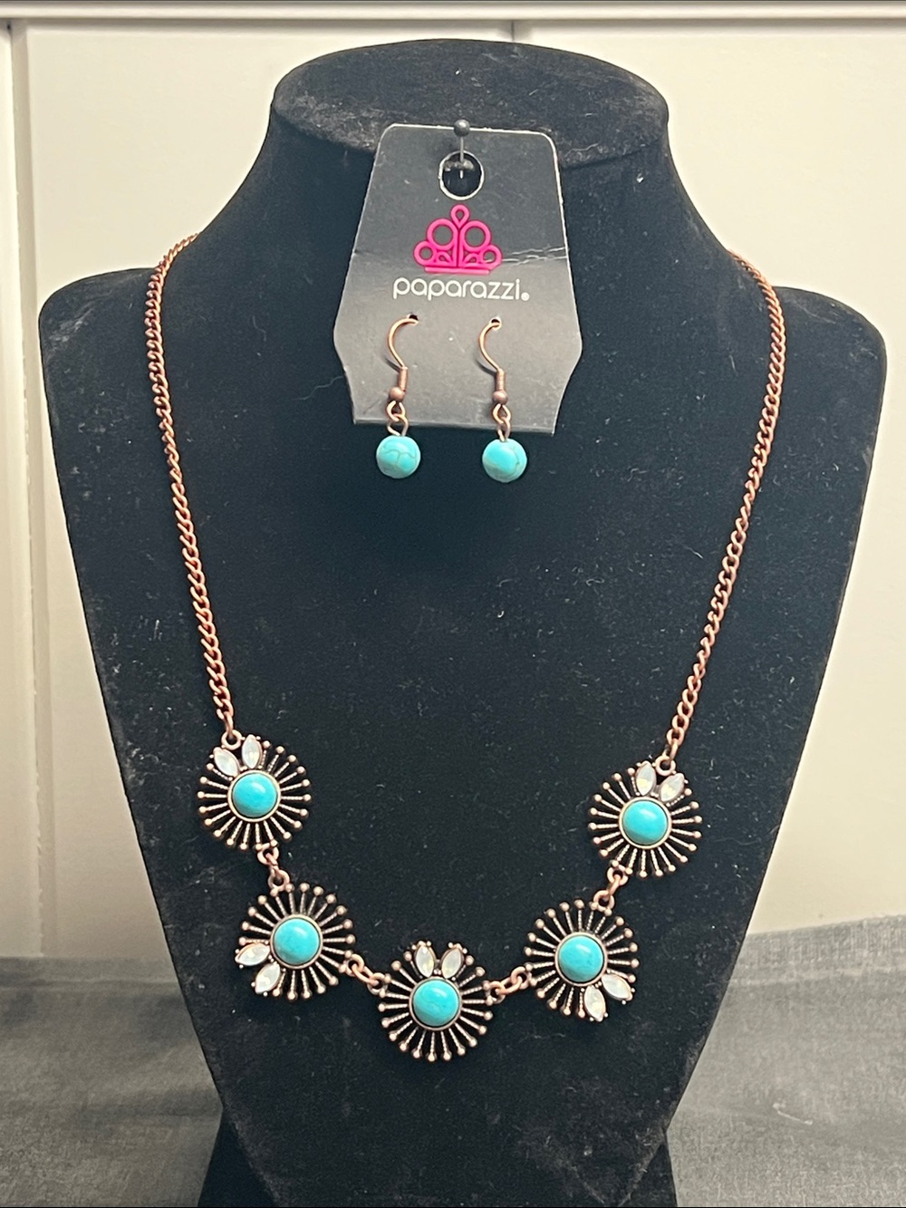 Paparazzi Turquoise and Copper Sunburst Necklace with Matching Earrings